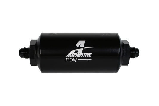 Aeromotive Filter, In-Line, 100-m Stainless Mesh Element, AN-06 Male, Bright-Dip Black, 2" OD